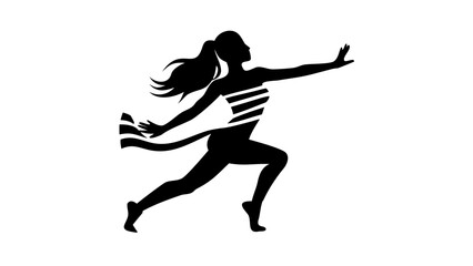 Silhouette of a woman runner breaking the finish line tape with outstretched arms in black and white