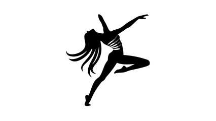 Silhouette of a woman in a dynamic dance pose with flowing hair and stylized ribcage is displayed