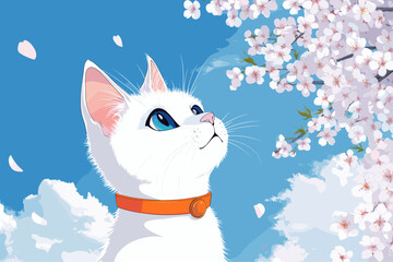 Spring scene with cat and sakura petals