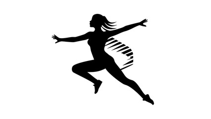 Silhouette of a woman running with arms outstretched against striped circular background design element