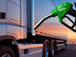 HVO Biofuel Nozzle Refueling White Truck at Sunset