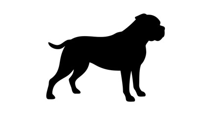 Silhouette of a muscular dog standing in profile with a short tail and a large head and neck area