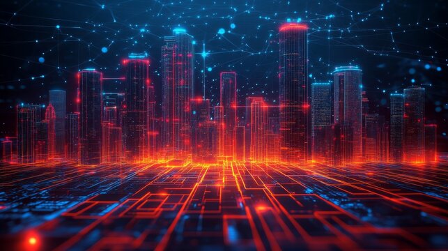 digital art image shows a futuristic city skyline with glowing lines and a network of data streams. This image can be used on websites and blogs for topics related to technology, AI, data