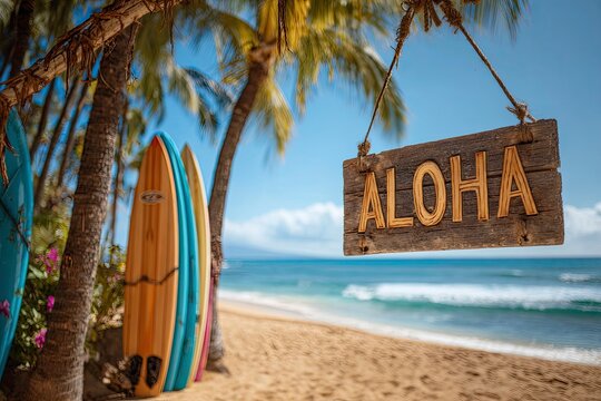 Aloha sign on a tropical beach with surfboards and palm trees