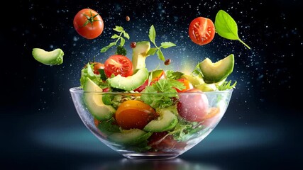 Cinematic slow motion shot of fresh salad ingredients flying through the air, vibrant vegetables, herbs, and water droplets for healthy cooking visuals and clean eating presentations.
- Powered by Adobe