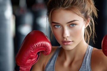 Female boxer prepares for a training session in a gym with focus on technique and determination