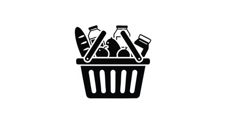 Black and white icon of a shopping basket filled with food items, including bread, jars, and produce.