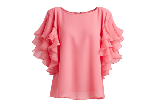 A pale-pink, loose-fitting blouse with voluminous, ruffled sleeves