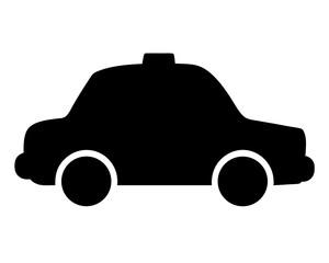 Simple silhouette of a black taxi cab with wheels on white background