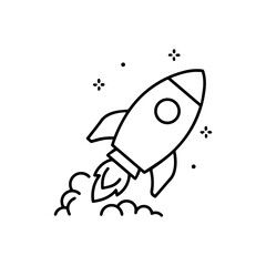 Simple Black and White Rocket Ship Ascending with Smoke and Stars.