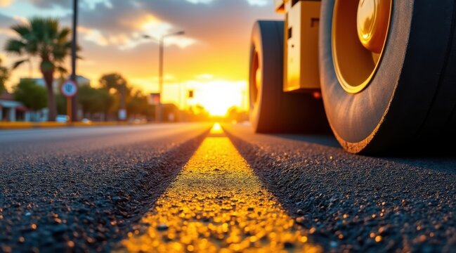 Road roller compacting asphalt under a warm sunset sky
