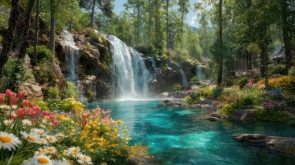 Obraz premium Serene waterfall cascading into a turquoise pool, surrounded by vibrant flowers and lush trees