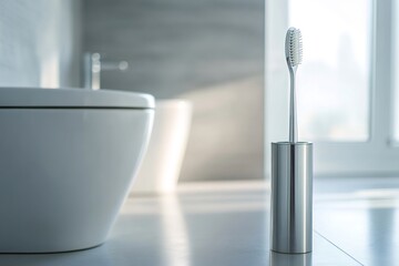 White toilet brush with sleek metal holder standing on bathroom floor, adding a touch of modern design to the interior