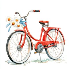 Charming watercolor painting of red retro bicycle with daisies and blue ribbon - perfect for spring decor or greeting cards