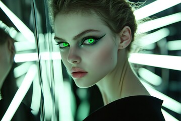 Futuristic fashion model striking a pose with captivating green eyes, surrounded by vibrant neon lights, creating an artistic and glamorous atmosphere