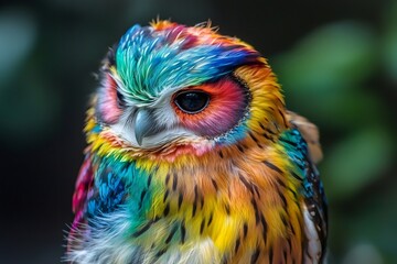 Close up view of a vibrant owl displaying an array of colorful, rainbow hued feathers, capturing the beauty of nature's artistry