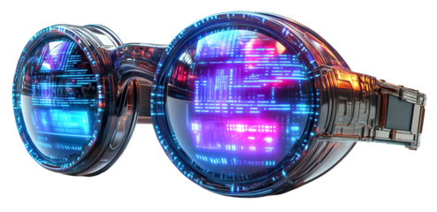 Futuristic goggles with digital display and vibrant colors, showcasing advanced technology and innovation. design features sleek, modern aesthetic with glowing elements., isolated