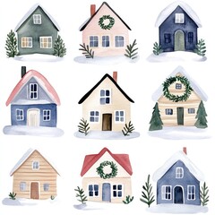 Fototapeta premium Charming winter row of pastel colored houses with snow for holiday card design
