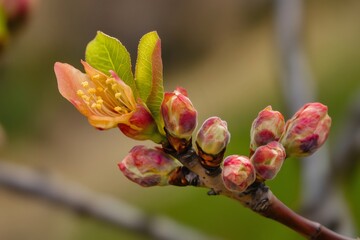 Plum tree branch adorned with delicate flowers and budding blooms, capturing the vibrant essence of spring's arrival and new life