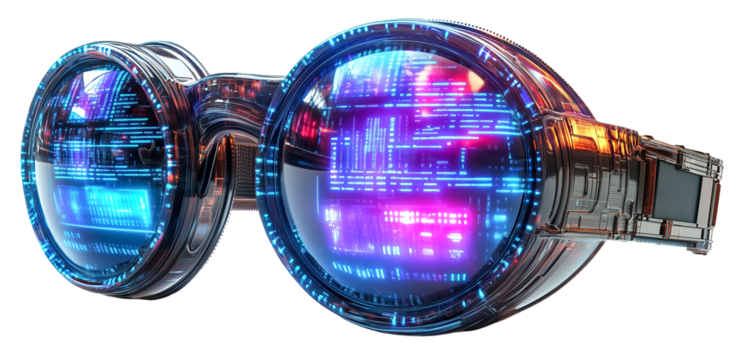 Futuristic goggles with digital display and vibrant colors, showcasing advanced technology and innovation. design features sleek, modern aesthetic with glowing elements., isolated