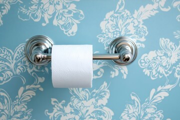 Close up of a fresh white toilet paper roll hanging on a shiny chrome holder against blue floral wallpaper, highlighting bathroom hygiene
