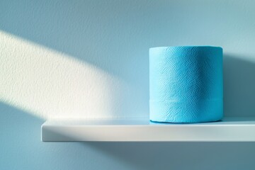 Light blue toilet paper on a white shelf in the bathroom, illuminated by a ray of sunlight, creating a clean and hygienic atmosphere