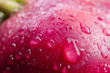 Fresh, vibrant radish glistening with water droplets, creating a visually appealing texture and highlighting the freshness of the vegetable