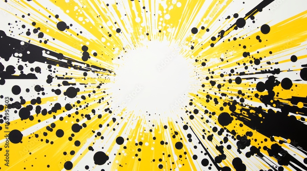 Poster abstract art with yellow and black radial lines and dots creating a burst effect.
