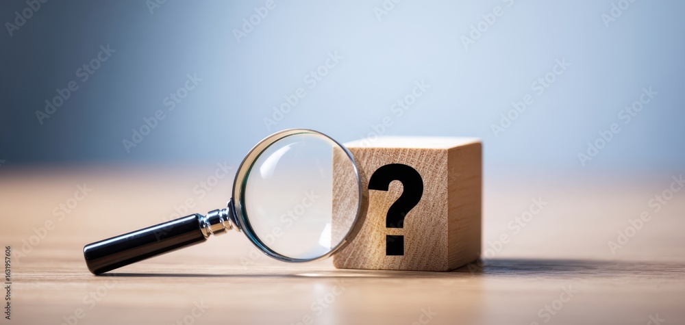 Poster the magnifying glass exploring the wooden block with a question mark.