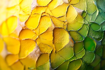 Close up of pineapple skin revealing intricate geometric patterns, blending yellow and green hues, creating a textured natural design