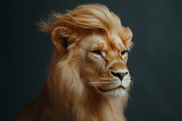 Studio portrait of majestic lion showing its slicked back hair, creating a distinguished and powerful presence