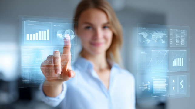 Smiling woman activating futuristic interface