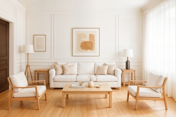 Fototapeta premium living room interior design with beige sofa set, wood coffee table, and classic wainscoting. 
