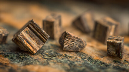 Raw rare earth mineral crystals on the weathered crust of yellow brown granite exhibit metallic reflections, showcasing strategic mineral resources and industrial clean energy materials.