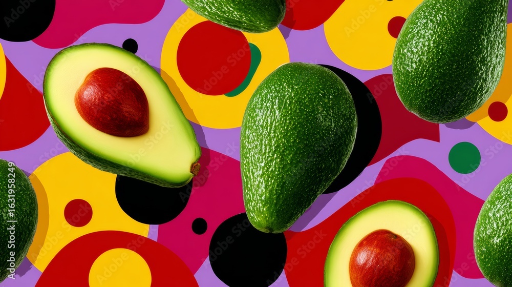 Poster close up of a green avocado with a red stem. the avocado is surrounded by a colorful background with