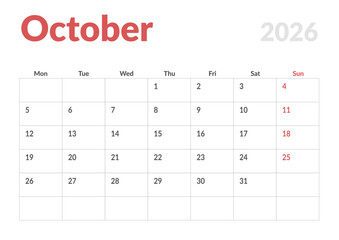 Monthly page Calendar Planner Template design of October 2026. Vector layout of calendar with week start Monday for Scheduling. Page for size A4 or 21x29.7 cm