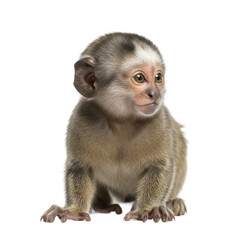Fototapeta premium A cute baby Goeldi's monkey sitting down and looking to the side, isolated on a white background.
