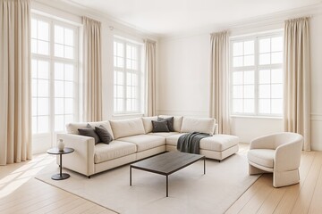 Fototapeta premium Modern living room apartment interior with beige sofas and armchair