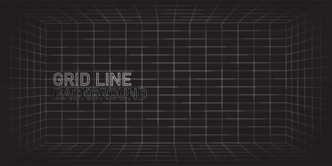 Futuristic perspective grid box. Abstract wireframe with white grid line on black background. Virtual reality landscape in 80s 90s digital style