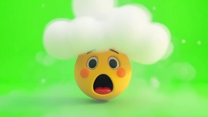 Shocked emoji with fluffy hair reacts to surprise on vibrant green background, animated character - Powered by Adobe
