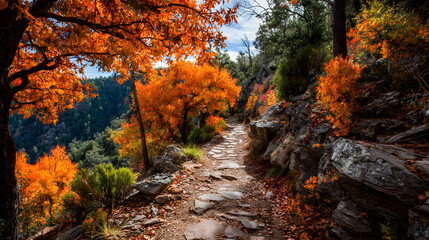 Fototapeta premium Scenic Mountain Trail Surrounded by Orange Foliage