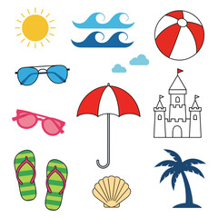 Vector art of collection of summer beach vacation icons isolated on white background