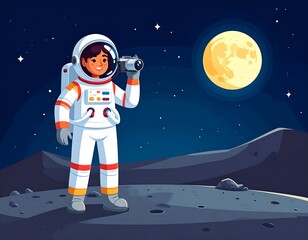 Astronaut girl on moon, taking photo