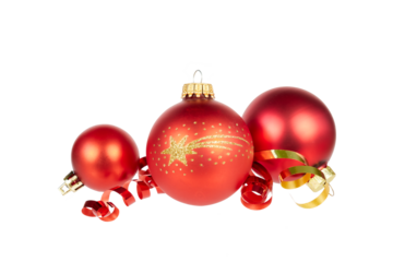 red christmas balls decoration with golden star trail with ribbon band ioslated on white or transparent png