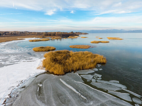Winter and frozen Lake Sevan in Armenia