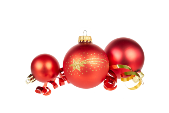 red christmas balls decoration with golden star trail with ribbon band ioslated on white or transparent png