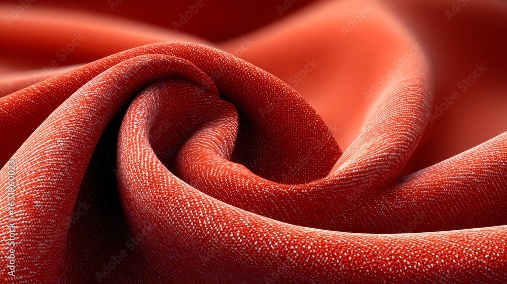 Poster red fabric with a spiral pattern. the fabric is red and has a shiny appearance. the spiral pattern g
