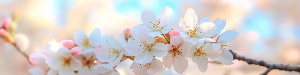 Obraz premium Vibrant Spring Blossom Panorama Featuring Cherry Tree Flowers in Full Bloom Under Clear Blue Sky