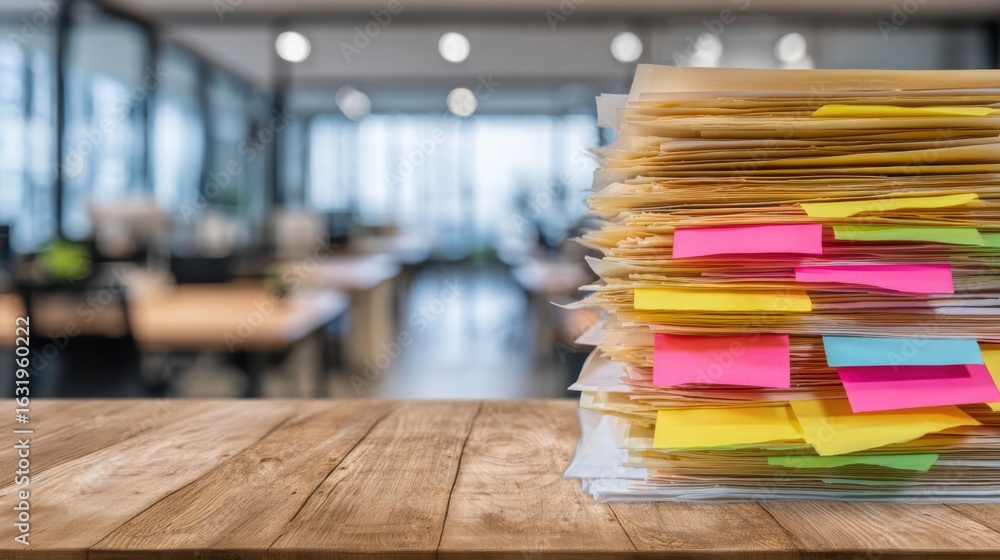 Poster the stack of organized papers with colorful notes in an office environment.