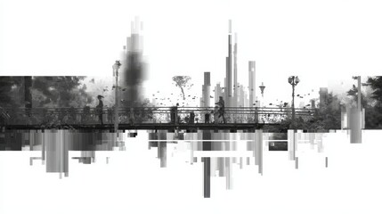 Obraz premium Cityscape Abstract Glitch Effect Featuring Figures on a Bridge, Urban Decay and Digital Distortion